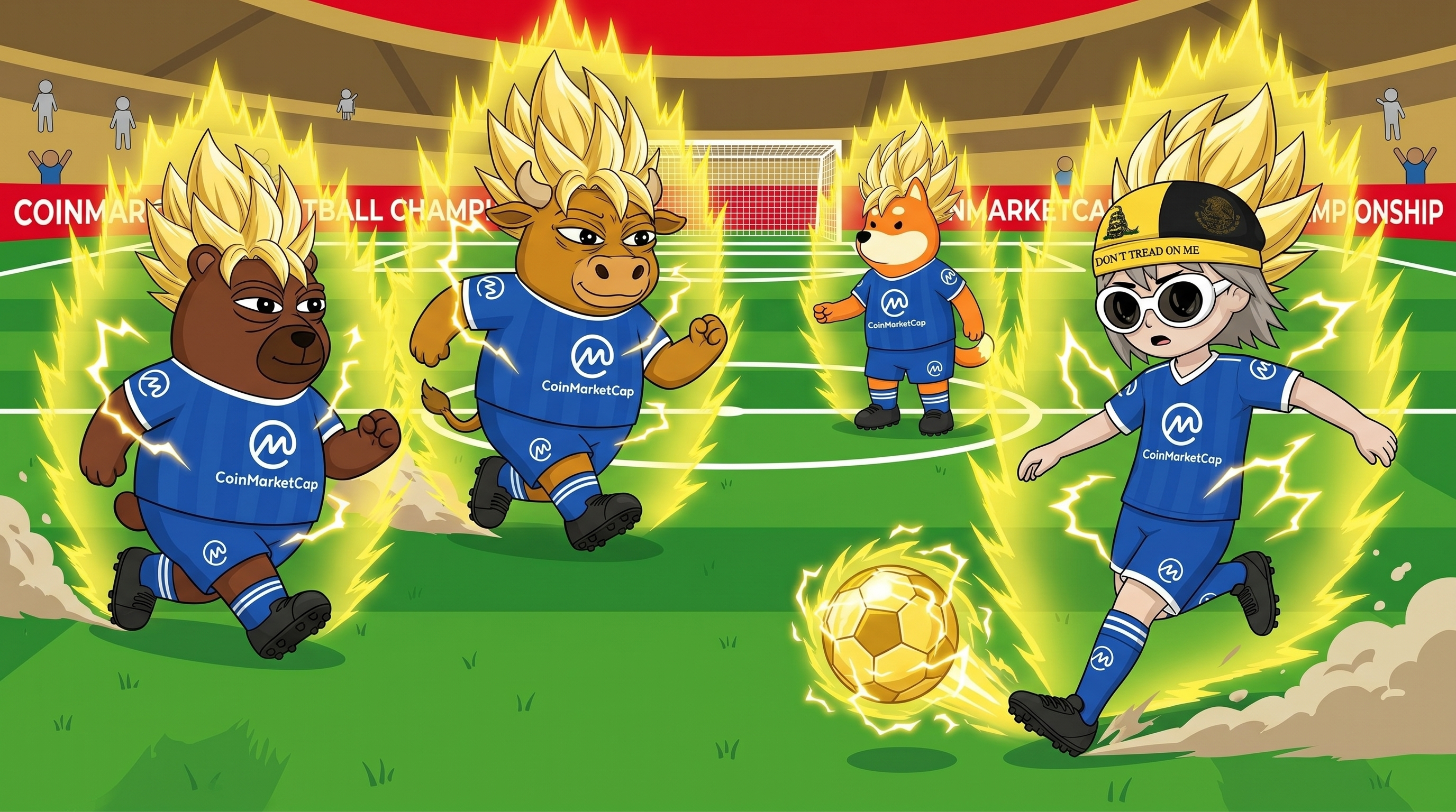 Super saiyan CoinMarketCup mascots playing football