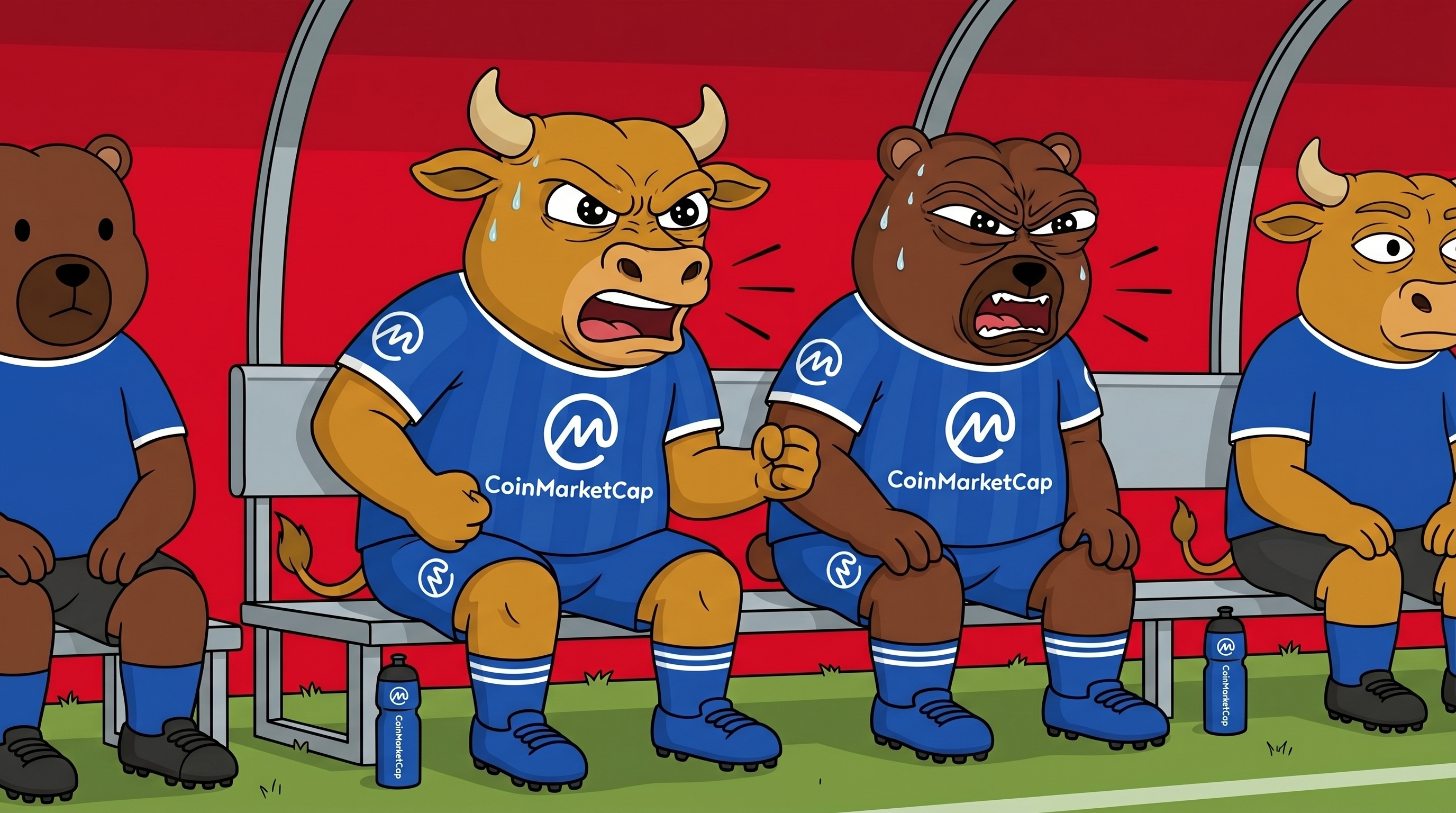 Bull and bear arguing on the bench
